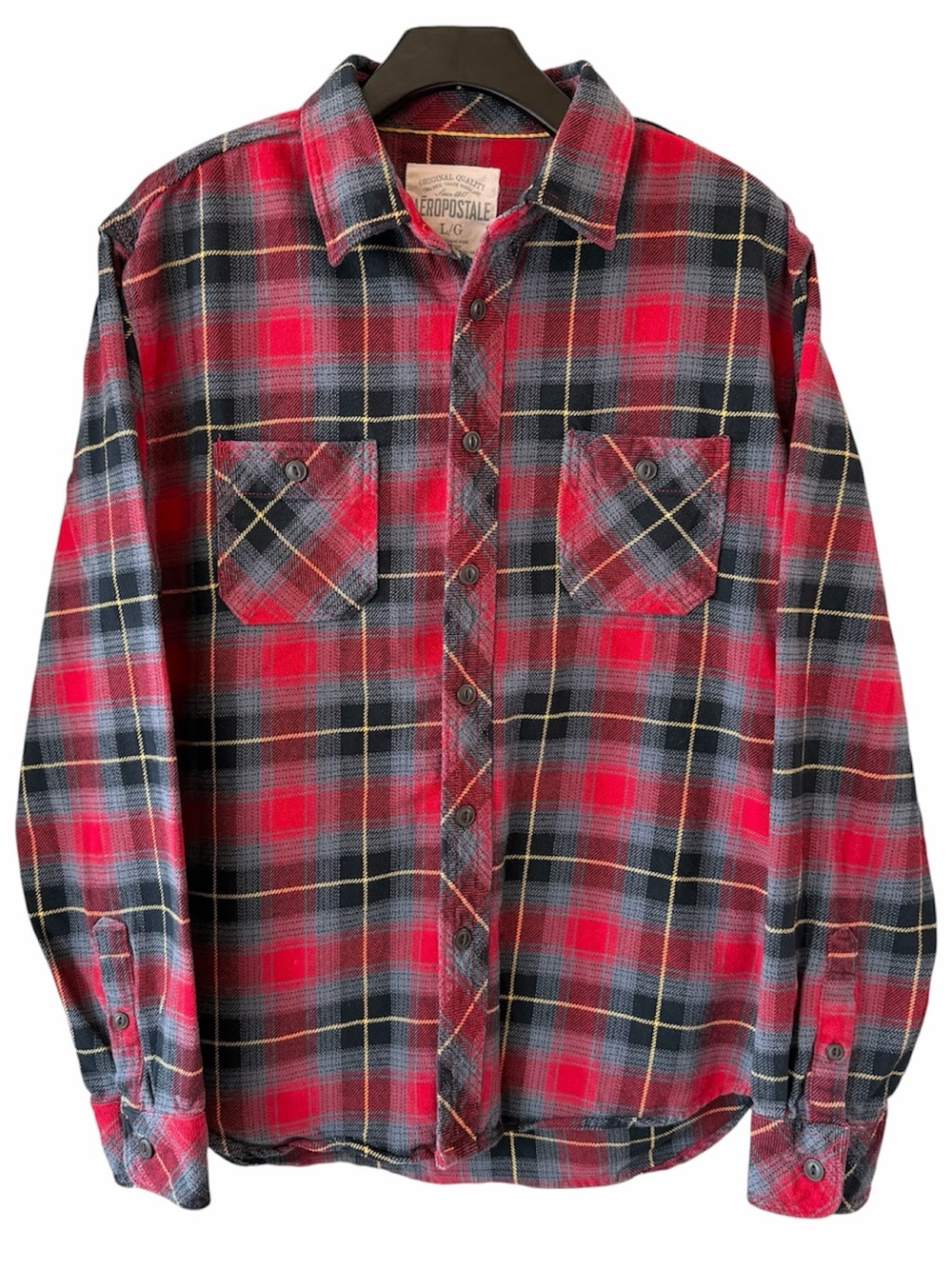 Aeropostale Mens Flannel LG Plaid Black Red Pockets Button Up Camping Streetwear